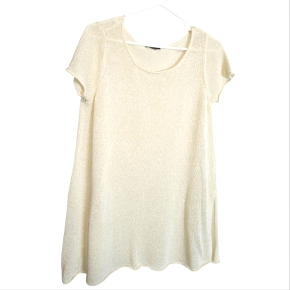 Eileen Fisher Cream Short Sleeve Knit / Mesh Linen Top - Picture 1 of 12